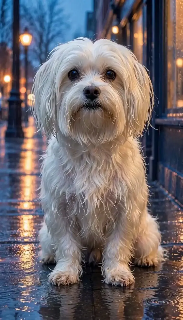 A soaked white dog sitting on a rain-lit street at blue hour, looking into the camera